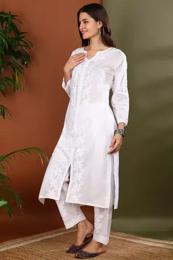 Floral embroidered chikankari straight pure cotton white front slit kurta with palazzos