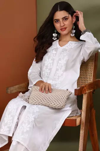 Floral embroidered chikankari straight pure cotton white front slit kurta with palazzos