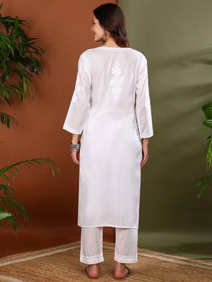 Floral embroidered chikankari straight pure cotton white front slit kurta with palazzos 5