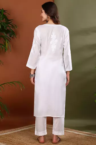 Floral embroidered chikankari straight pure cotton white front slit kurta with palazzos
