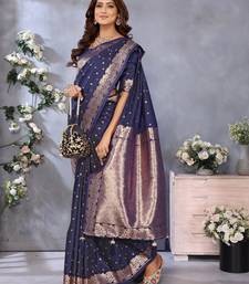 Navy Blue Woven Silk Blend Saree With Blouse