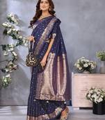 Navy Blue Woven Silk Blend Saree With Blouse