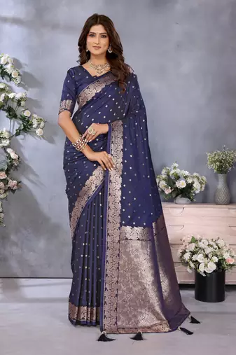 Navy Blue Woven Silk Blend Saree With Blouse