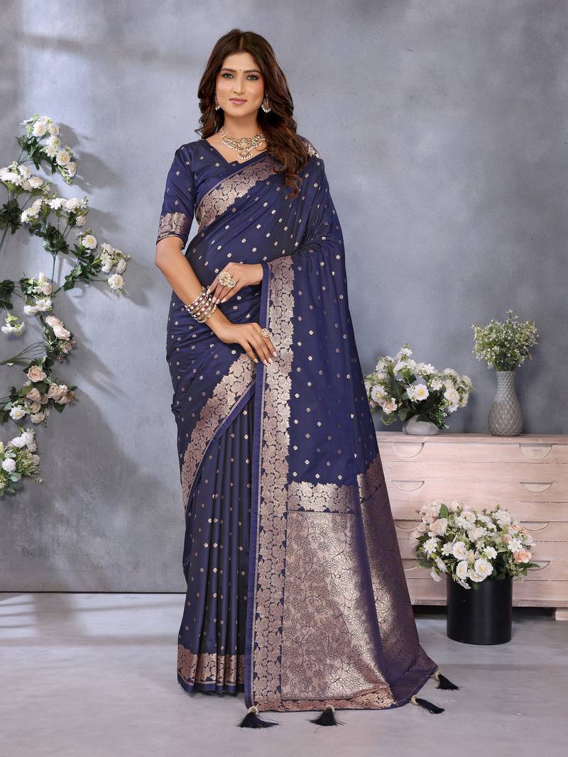 Navy Blue Woven Silk Blend Saree With Blouse