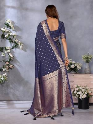 Navy Blue Woven Silk Blend Saree With Blouse 3