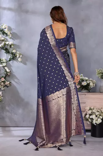 Navy Blue Woven Silk Blend Saree With Blouse