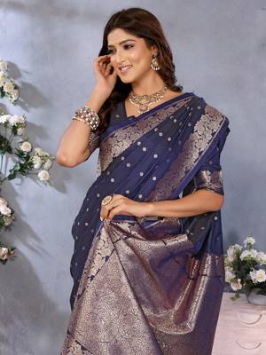Navy Blue Woven Silk Blend Saree With Blouse 4