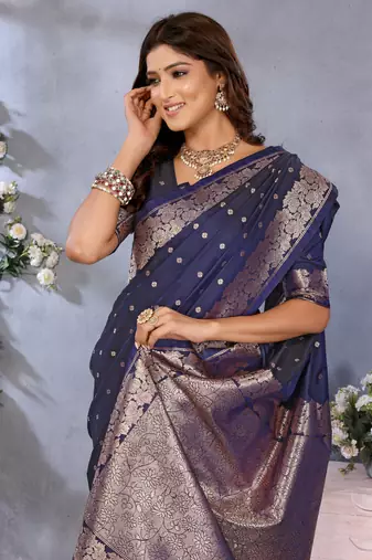 Navy Blue Woven Silk Blend Saree With Blouse