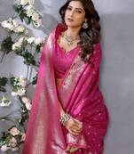 Pink Woven Silk Blend Saree With Blouse