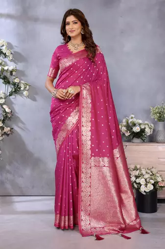Pink Woven Silk Blend Saree With Blouse