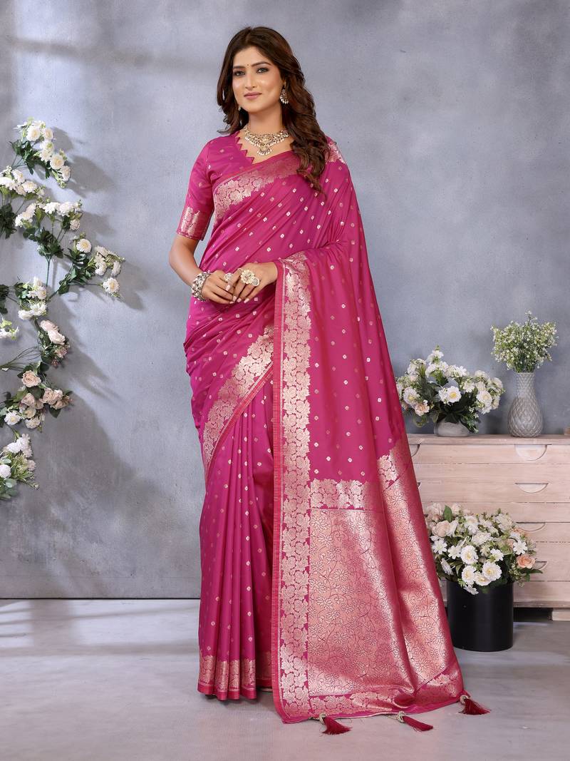 Pink Woven Silk Blend Saree With Blouse