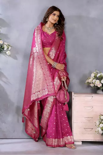 Pink Woven Silk Blend Saree With Blouse