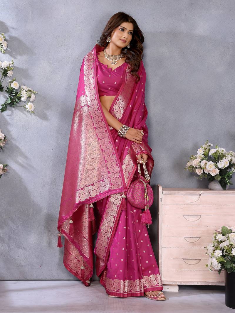 Pink Woven Silk Blend Saree With Blouse