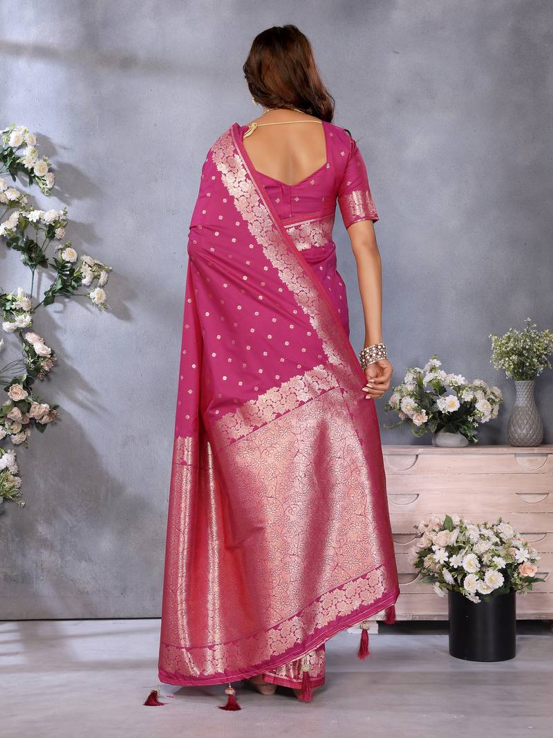 Pink Woven Silk Blend Saree With Blouse