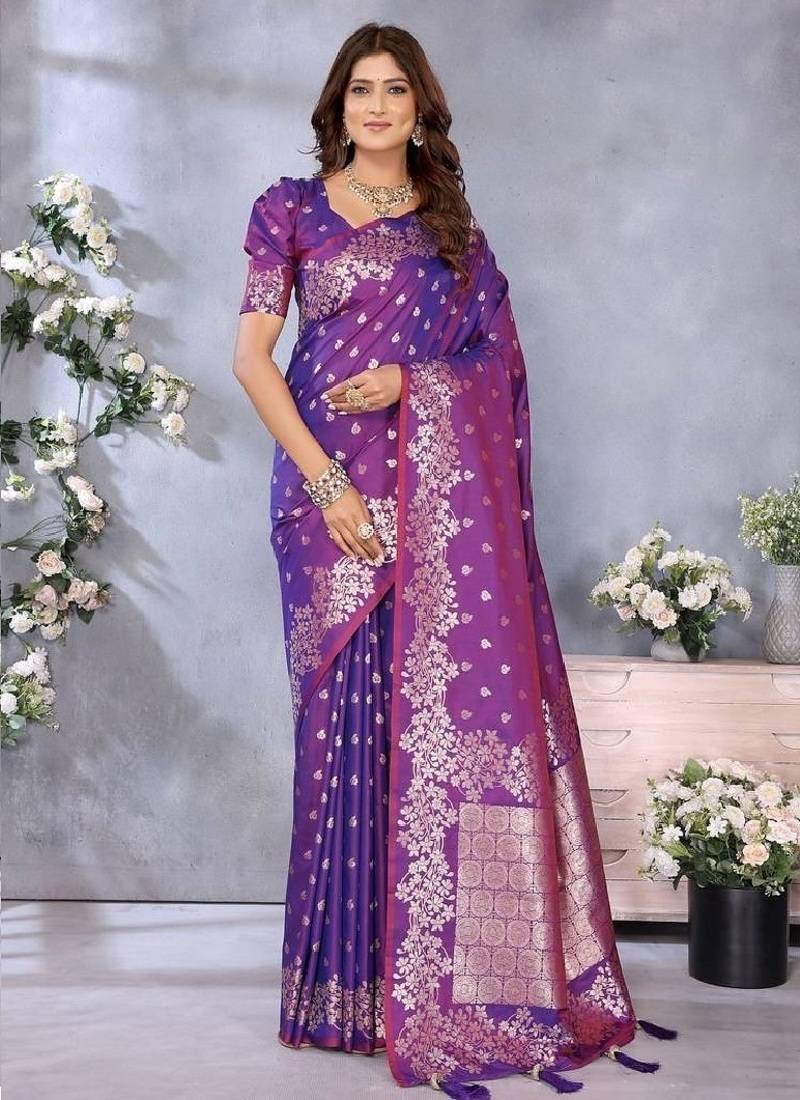 Purple Woven Silk Blend Saree With Blouse