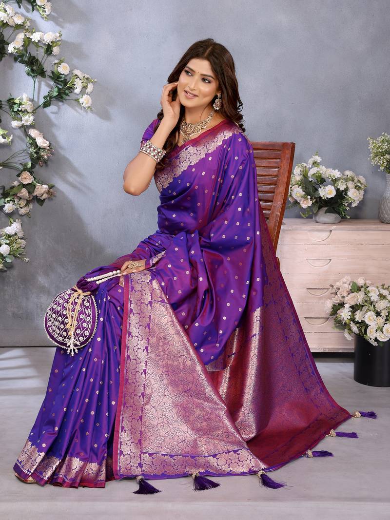 Purple Woven Silk Blend Saree With Blouse