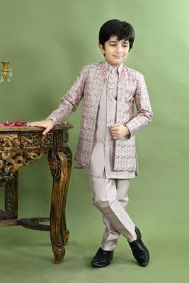 Boys chevron embroidered sequined sherwani with pant & necklace set - lilac 1