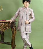 Boys chevron embroidered sequined sherwani with pant & necklace set - lilac