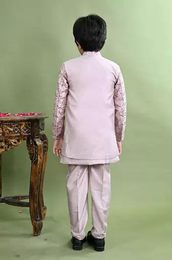 Boys chevron embroidered sequined sherwani with pant & necklace set - lilac