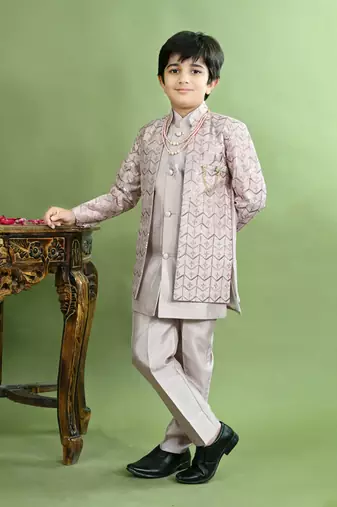 Boys chevron embroidered sequined sherwani with pant & necklace set - lilac