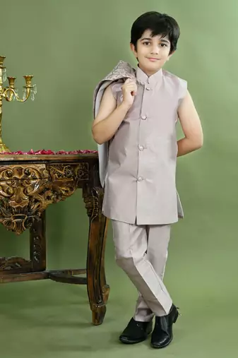 Boys chevron embroidered sequined sherwani with pant & necklace set - lilac