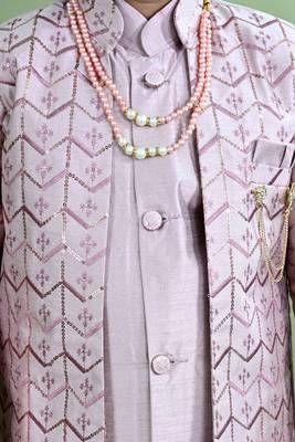 Boys chevron embroidered sequined sherwani with pant & necklace set - lilac 5