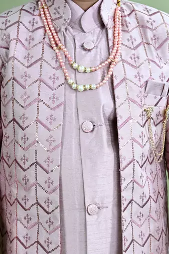 Boys chevron embroidered sequined sherwani with pant & necklace set - lilac