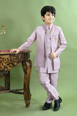 Boys geometric embroidered sequined sherwani with pant & necklace set - lilac 1