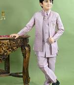 Boys geometric embroidered sequined sherwani with pant & necklace set - lilac