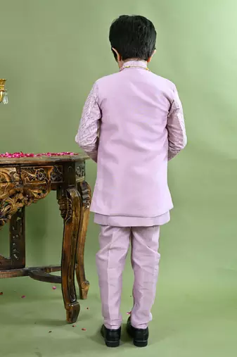 Boys geometric embroidered sequined sherwani with pant & necklace set - lilac
