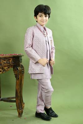 Boys geometric embroidered sequined sherwani with pant & necklace set - lilac 3