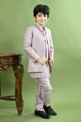 Boys geometric embroidered sequined sherwani with pant & necklace set - lilac