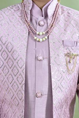Boys geometric embroidered sequined sherwani with pant & necklace set - lilac 5