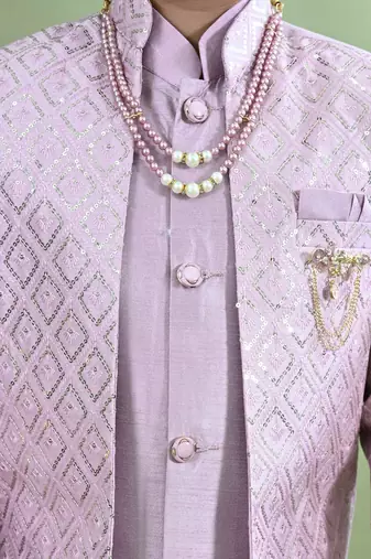 Boys geometric embroidered sequined sherwani with pant & necklace set - lilac