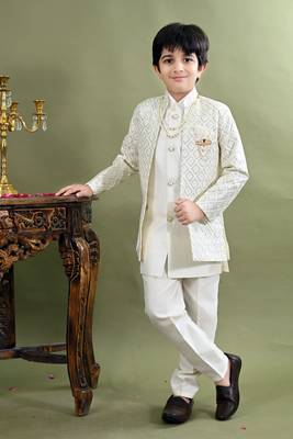 Boys geometric embroidered sequined sherwani with pant & necklace set - white 1