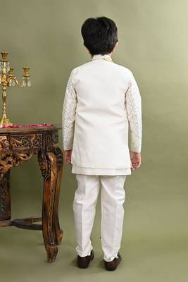 Boys geometric embroidered sequined sherwani with pant & necklace set - white 2