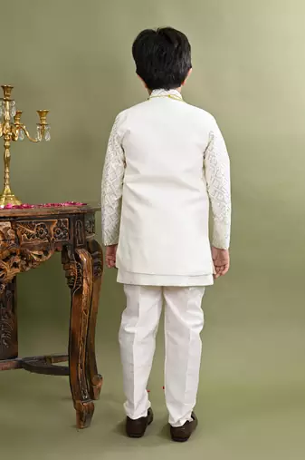 Boys geometric embroidered sequined sherwani with pant & necklace set - white