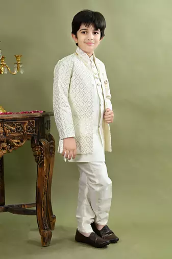 Boys geometric embroidered sequined sherwani with pant & necklace set - white