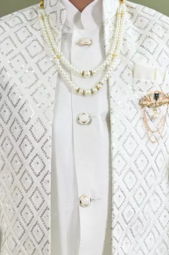 Boys geometric embroidered sequined sherwani with pant & necklace set - white