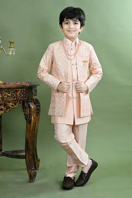 Boys sequined embroidered sherwani with pant & necklace set - peach 1