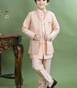 Boys sequined embroidered sherwani with pant & necklace set - peach