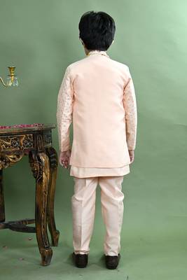 Boys sequined embroidered sherwani with pant & necklace set - peach 2