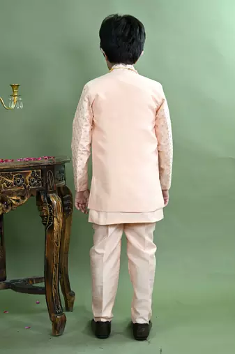 Boys sequined embroidered sherwani with pant & necklace set - peach