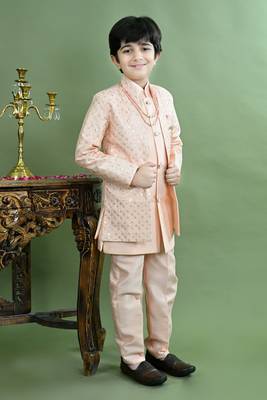 Boys sequined embroidered sherwani with pant & necklace set - peach 3