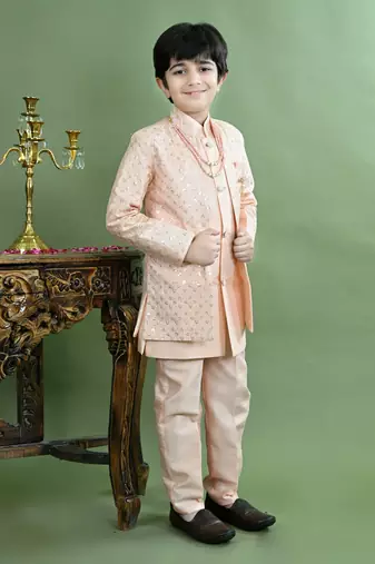 Boys sequined embroidered sherwani with pant & necklace set - peach