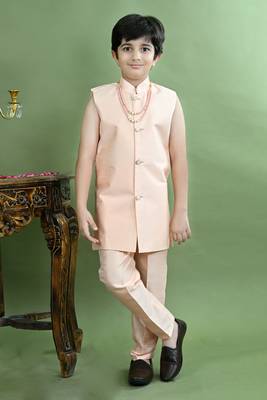 Boys sequined embroidered sherwani with pant & necklace set - peach 4
