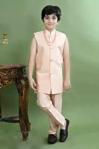 Boys sequined embroidered sherwani with pant & necklace set - peach