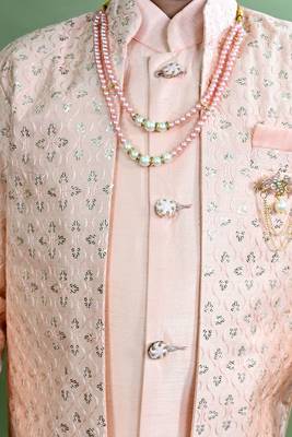 Boys sequined embroidered sherwani with pant & necklace set - peach 5