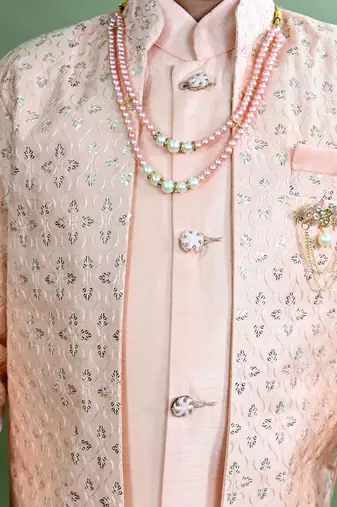 Boys sequined embroidered sherwani with pant & necklace set - peach