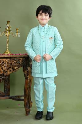 Boys sequined embroidered sherwani with pant & necklace set - turquoise 1